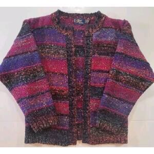 Vintage 80s Leroy Knitwear Chunky Knit Open Cardigan Sz LG Jewel Tones Cozycore